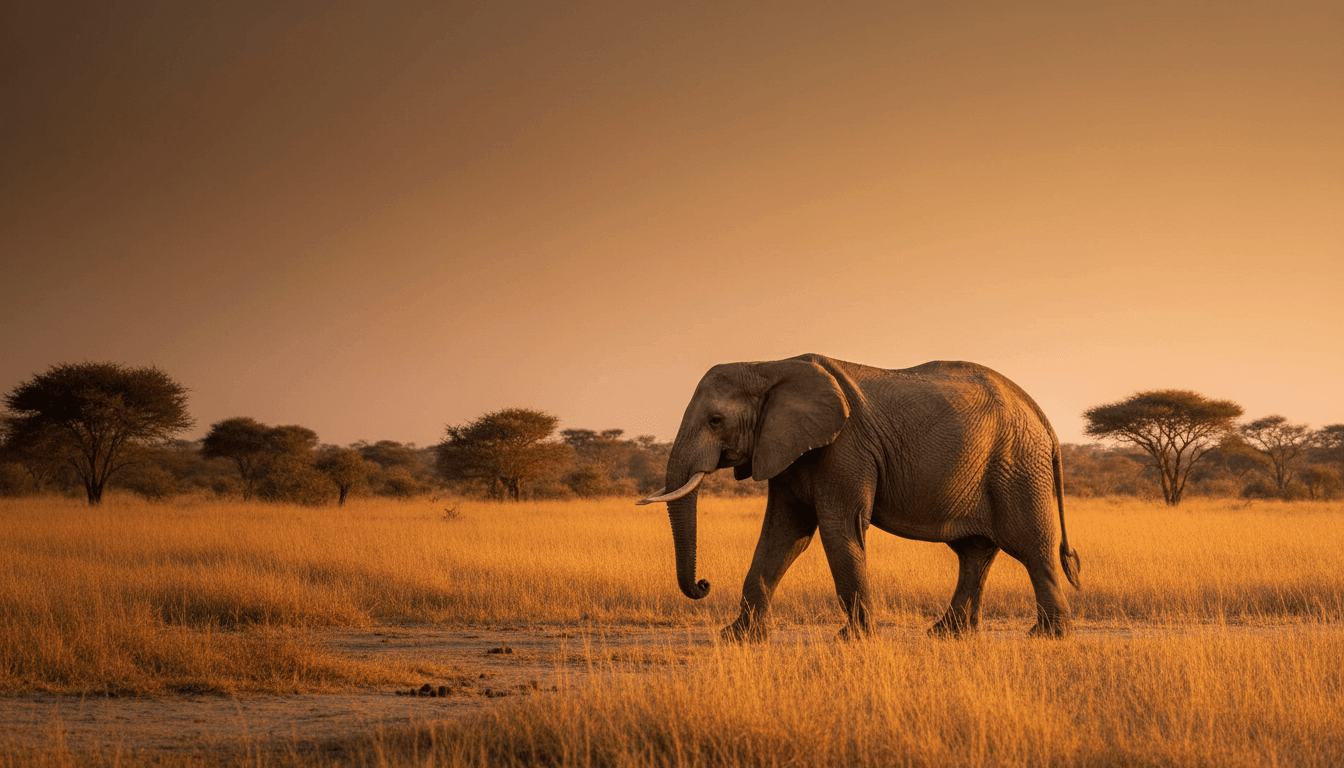 An elephant walking across the African savannah at golden hour